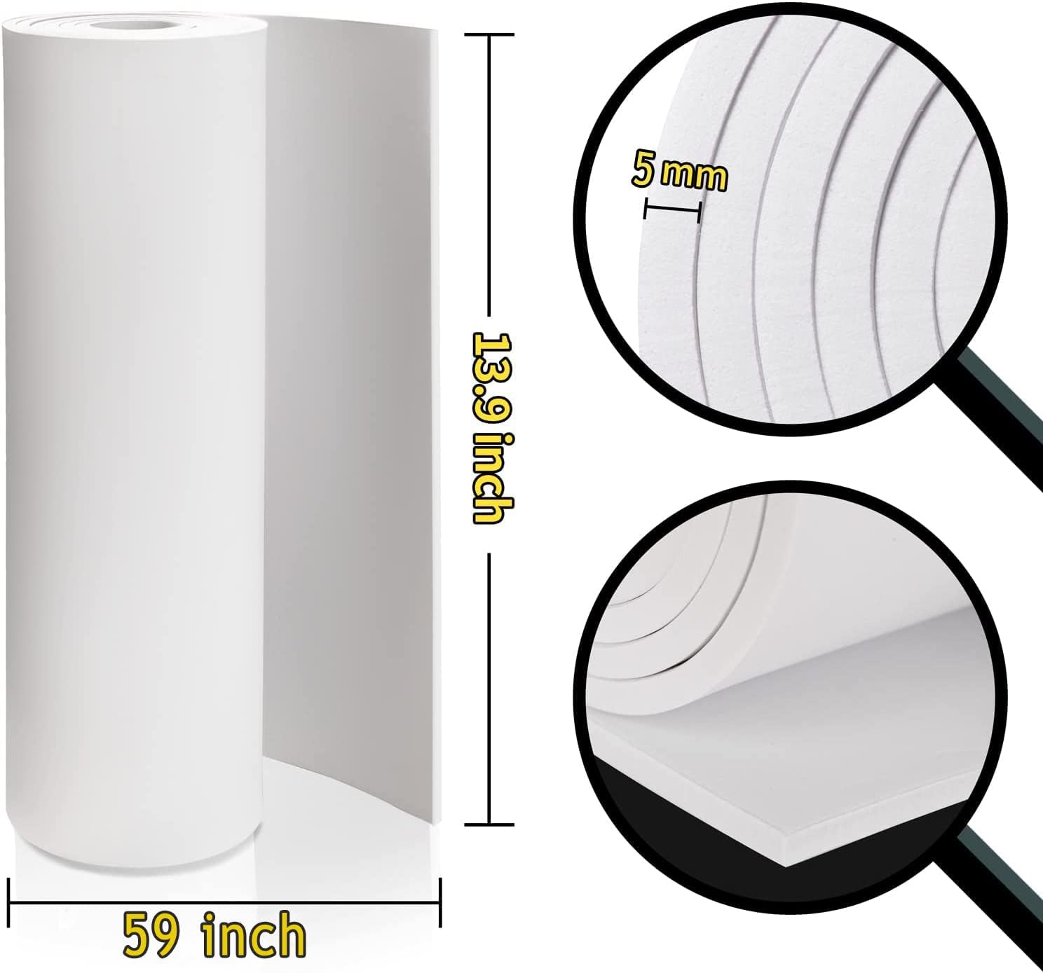 White Eva Foam Cosplay Sheets Roll Premium Eva Foam 5mm Thick 59"x13.9" High Density 86kg/m3 For Cosplay Costume Crafts DIY Projects By PAIDU